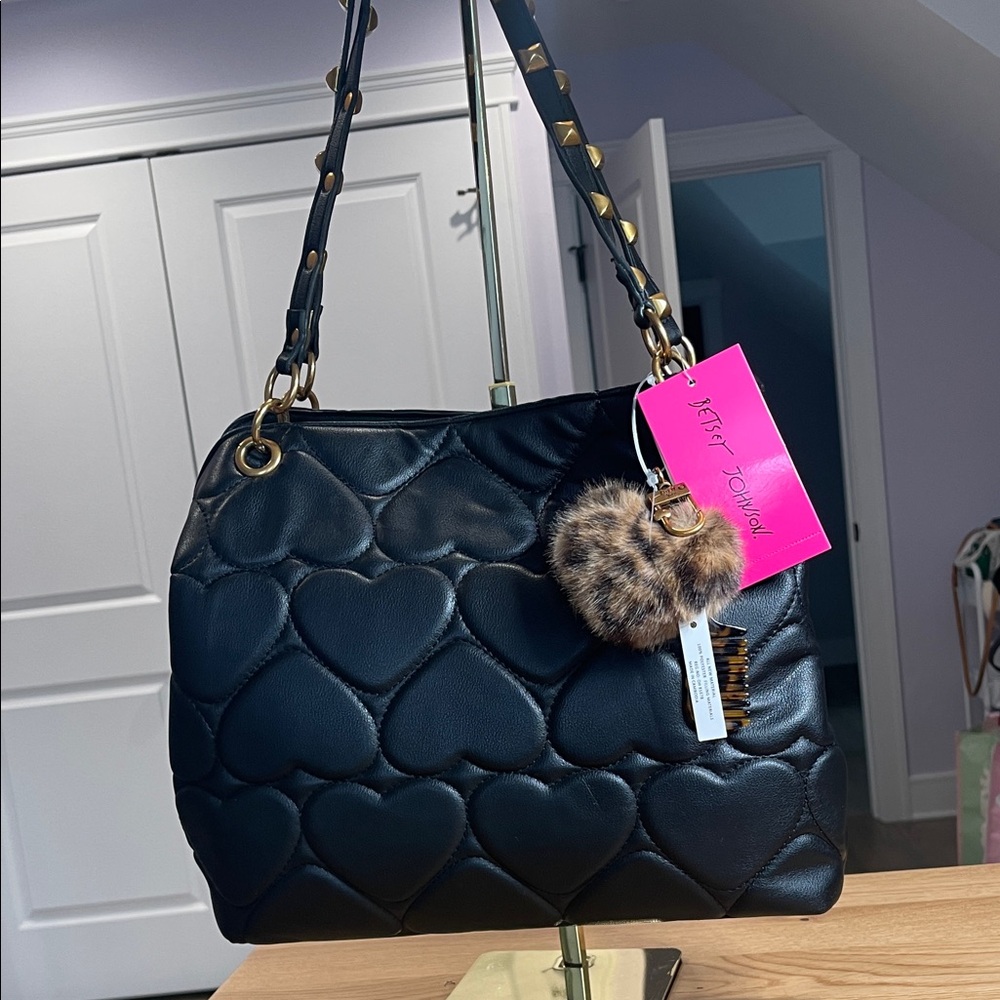 Betsey Johnson Black Heart Shoulder Bag with Gold Accents